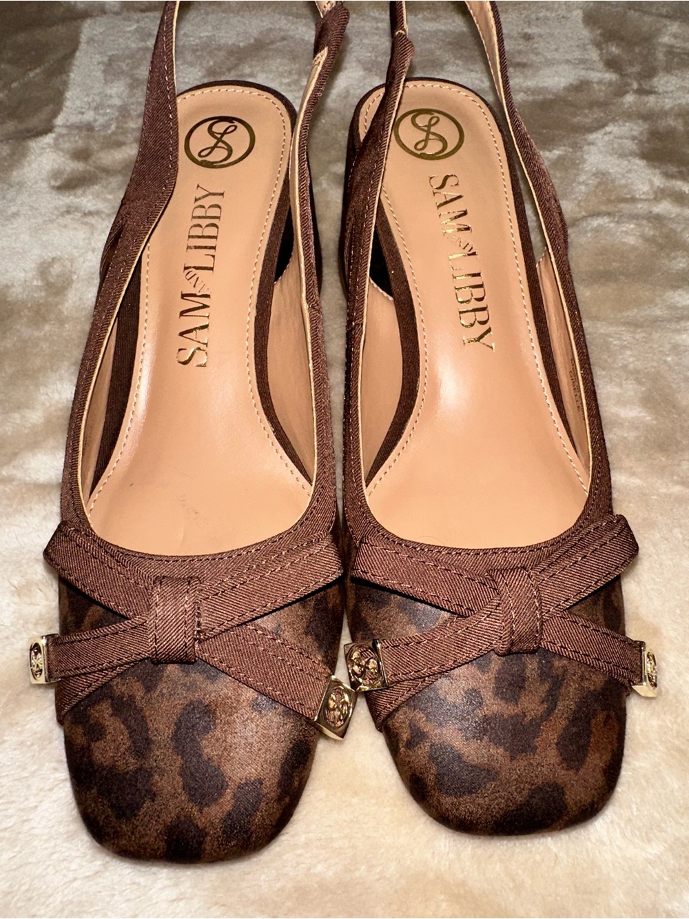 Sam & Libby Brown Leopard Print Slingback Flats with Bow Accent - Picture 1 of 6